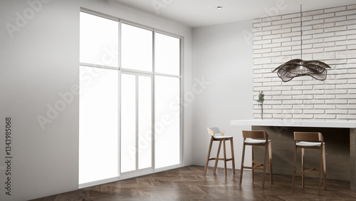white brick wall modern loft style on kitchen counter scene mockup kitchen bar and set shaped kitchen design. 3d rendering