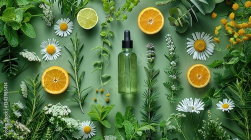 Botanical blend: Natural elixir surrounded by fresh herbs and citrus slices