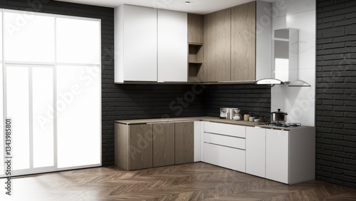 Wallpaper Mural Mock up black brick design modern loft style on kitchen counter scene mockup and set shaped kitchen design. 3d rendering Torontodigital.ca