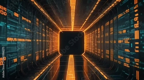 Futuristic Data Center Tunnel with Neon Lights Animation
