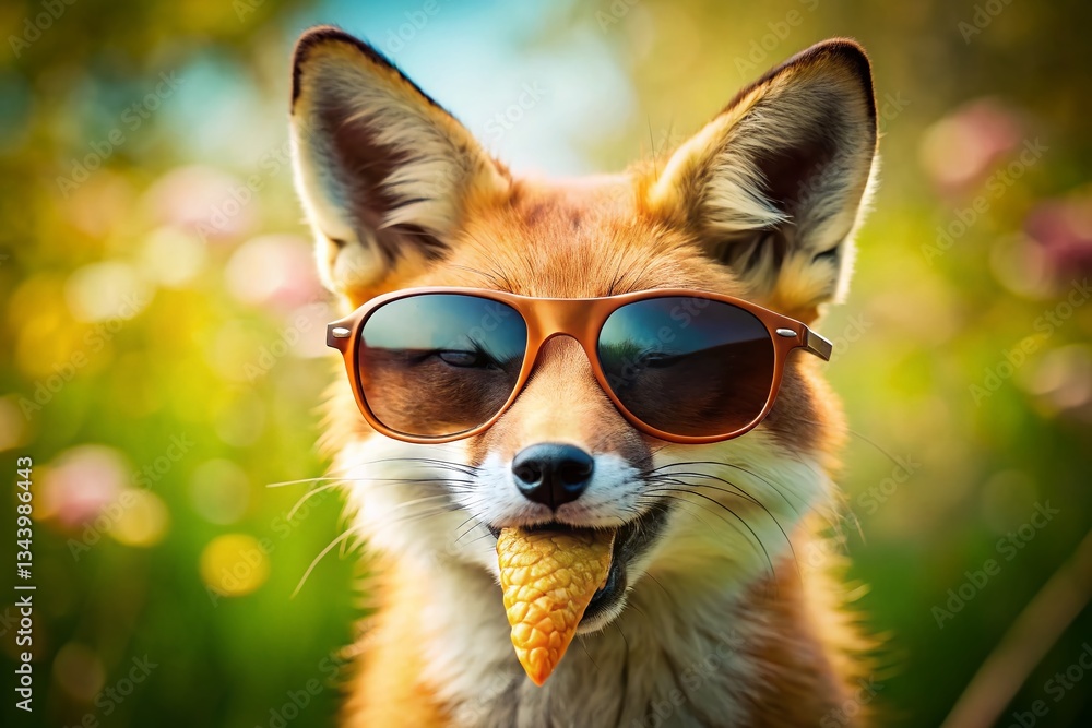 Funny Fox Summer Vacation: Sunglasses, Ice Cream Cone, Closeup Funny Fox Summer Vacation: Sunglasses, Ice Cream Cone, Closeup