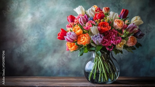 Wallpaper Mural Flowers Bouquet Arrangement Blossoms in Vase on Wooden Table, Artistic Backdrop Torontodigital.ca