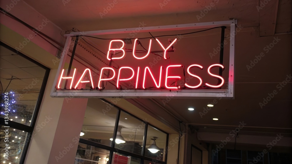 Obraz premium Neon sign encouraging the purchase of happiness in a warm ambiance.