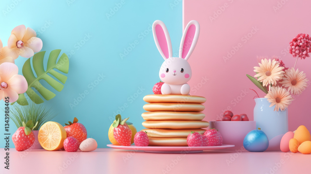 Cute bunny on pancakes with strawberries and flowers spring celebration food photography colorful background playful concept Cute bunny on pancakes with strawberries and flowers spring celebration food photography colorful background playful concept