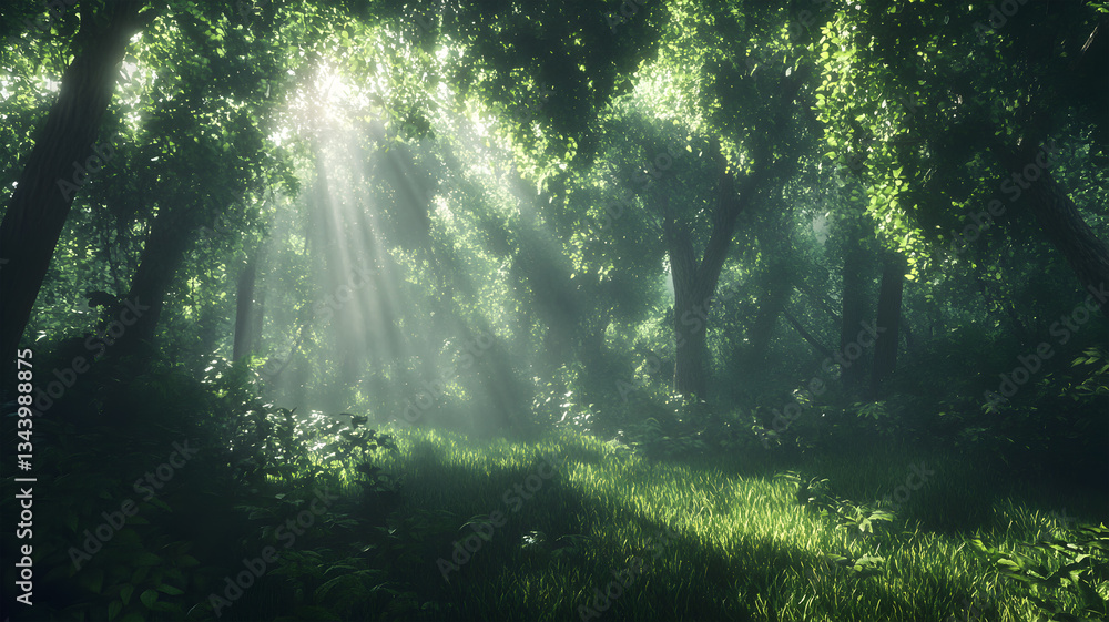 Obraz premium Sunlight filtering through dense jungle foliage in a tropical rainforest