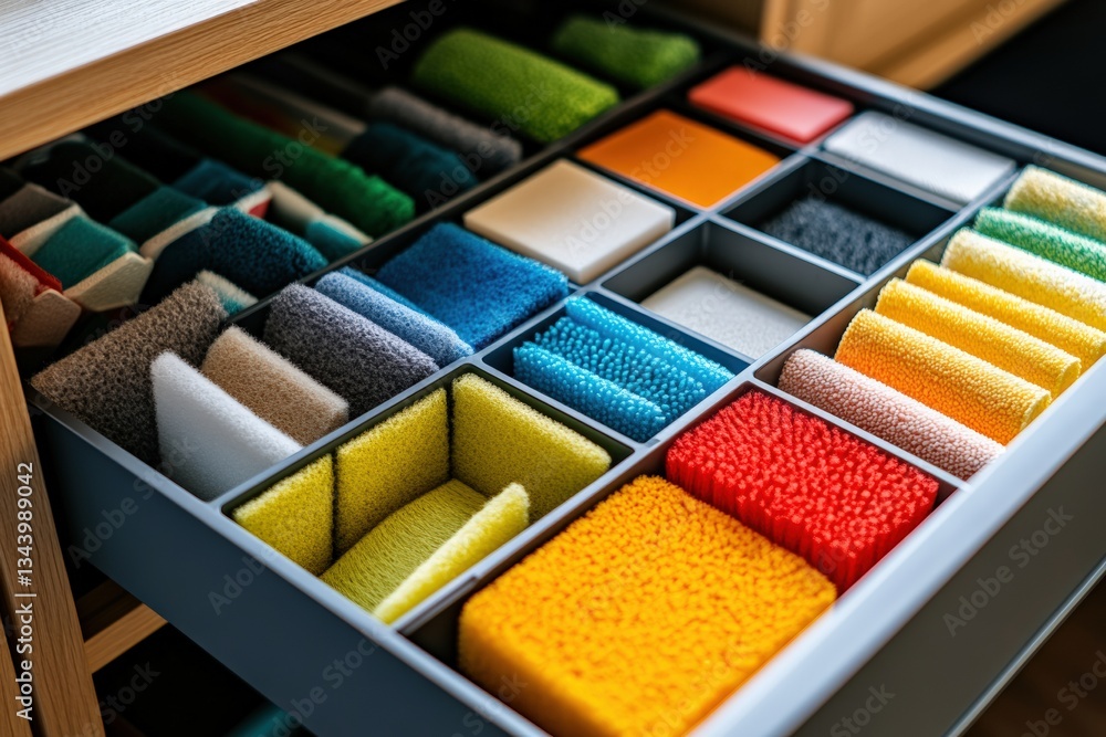 Naklejka premium Open drawer reveals organized cleaning supplies and sponges Generative AI