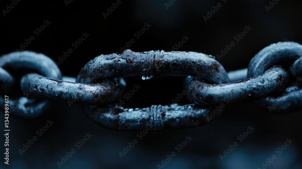 Close-up of a weathered metal chain link.?Water droplets cling to the aged links, creating a dark and mysterious atmosphere Close-up of a weathered metal chain link.?Water droplets cling to the aged links, creating a dark and mysterious atmosphere