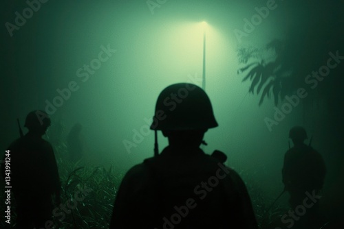 Fototapeta Naklejka Na Ścianę i Meble -  Soldiers on patrol in jungle at night. War concept photo for articles