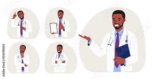  Doctor black man.Set Different poses.Vector flat style cartoon illustration