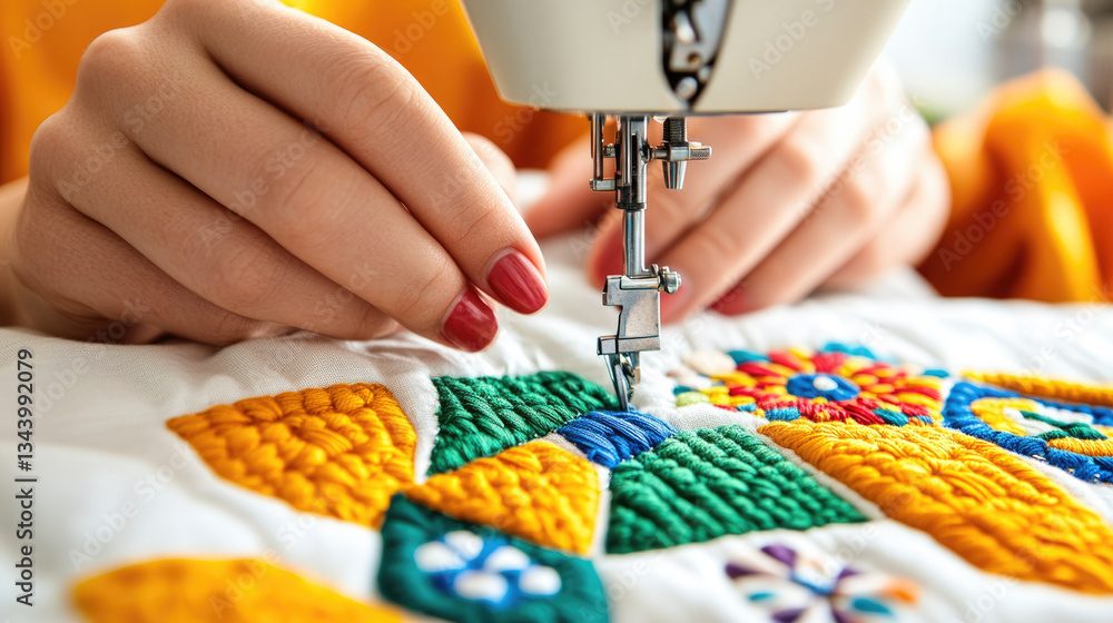 Obraz premium Close-up of sewing machine crafting colorful embroidery, textile art and needlework design for creative projects