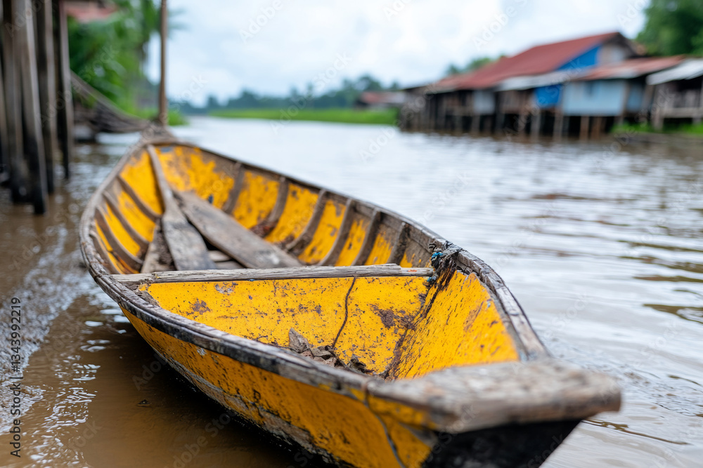 Obraz premium vibrant yellow boat rests on calm water, surrounded by nature
