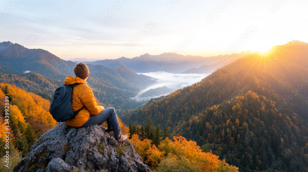 Fototapeta premium person enjoys scenic mountain view at sunrise