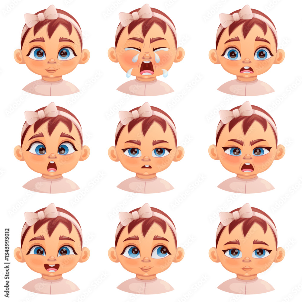 Cute baby girl with different facial expressions and emotions set. Cartoon illustration isolated on white. Cute baby girl with different facial expressions and emotions set. Cartoon illustration isolated on white.
