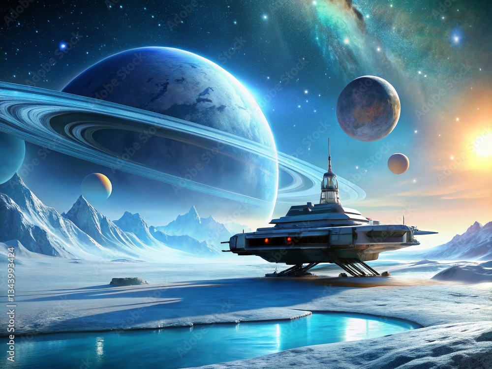 Naklejka premium Futuristic Spaceship on Icy Planet with Two Moons - Sci-Fi Space Exploration Concept Art