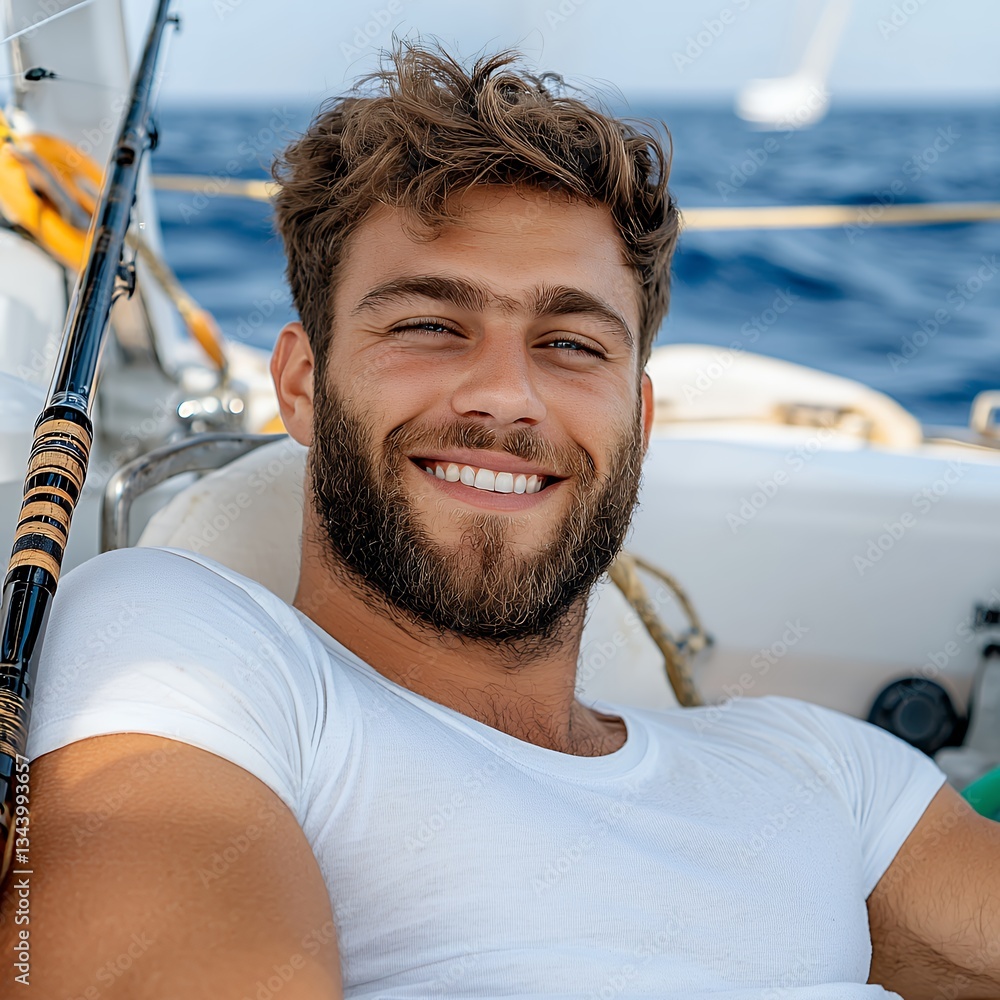 Smiling Man Relaxing on Sailboat at Sea Smiling Man Relaxing on Sailboat at Sea