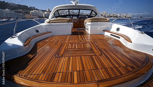 A Luxurious Wooden Decked Yacht Sailing Across Open Blue Waters