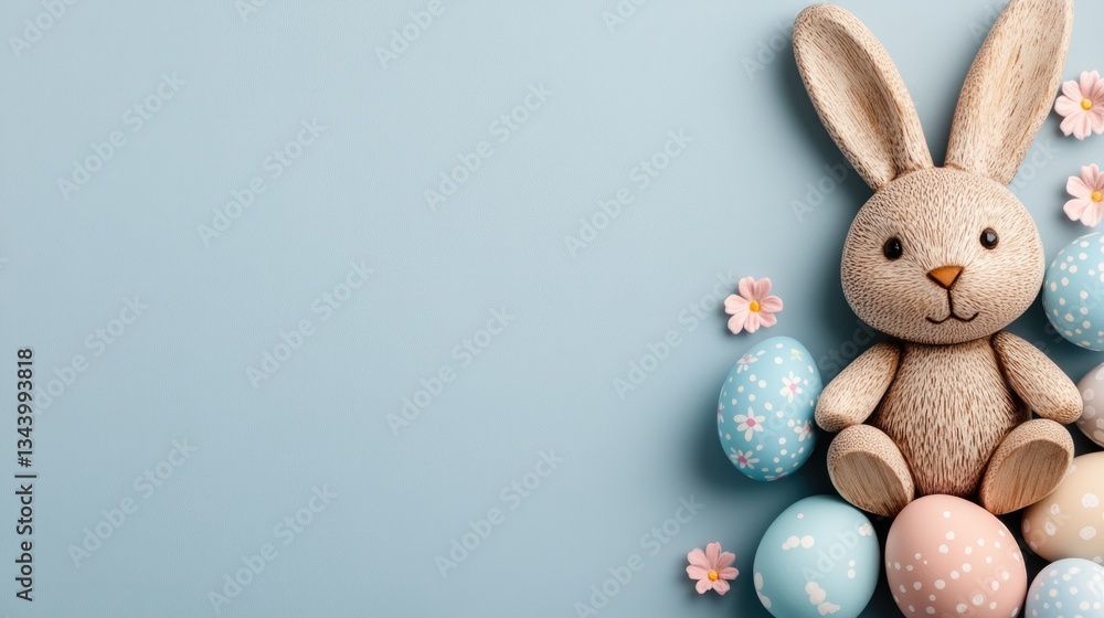 Obraz premium Charming easter theme with adorable bunny and decorated eggs on light blue background for festive crafts or greeting cards