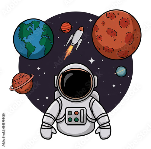 Cartoon Astronaut Exploring Space with Planets & Rocket perfect for t-shirt design