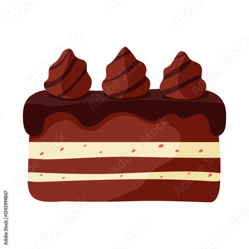 A chocolate cake with three chocolate frosting swirls on top. The cake is decorated with chocolate sprinkles and has a white filling