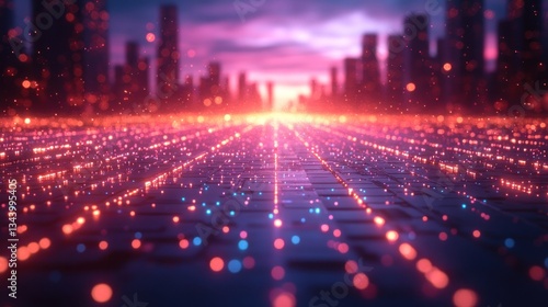 Futuristic city street at dawn with glowing particles