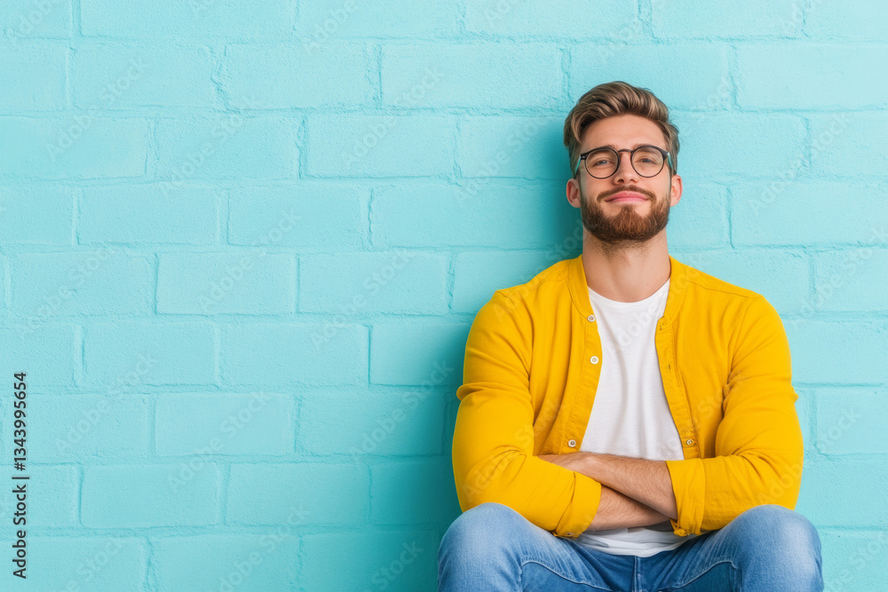 young man in yellow jacket smiles confidently against blue wall young man in yellow jacket smiles confidently against blue wall