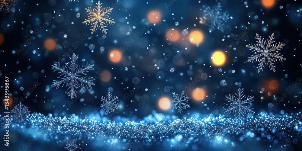 Fototapeta premium Magical Sparkling Winter Night Scene with Shimmering Snowflakes and Soft Bokeh Lights