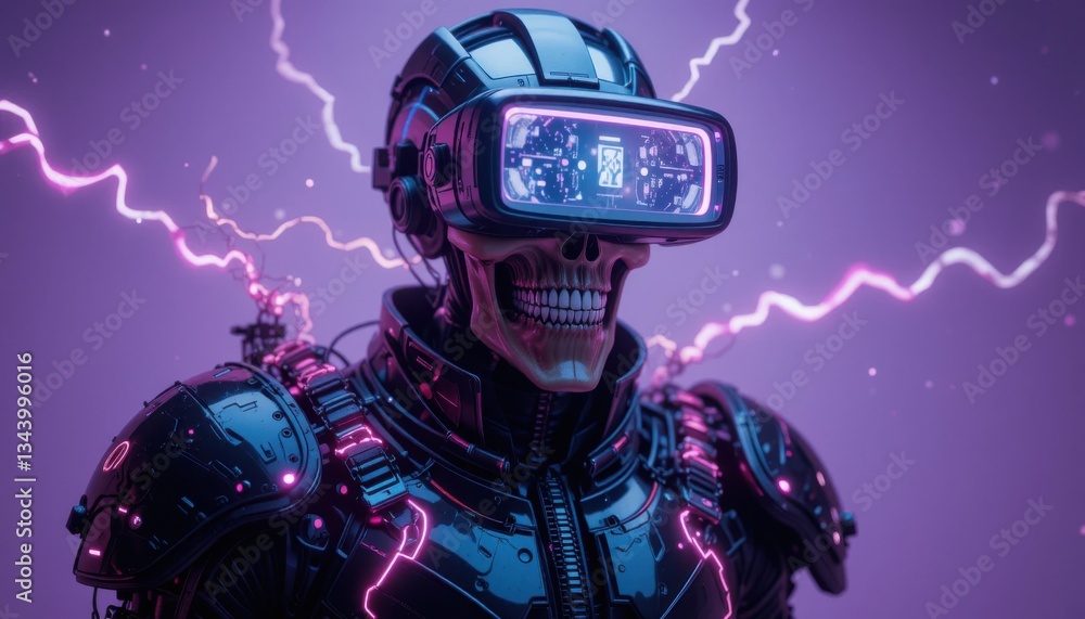 Cyberpunk Skeleton in VR Headset Amidst Neon Energy Cyberpunk Skeleton in VR Headset Amidst Neon Energy