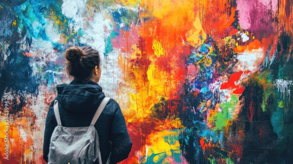 Fototapeta premium Woman observes colorful abstract art with her backpack on