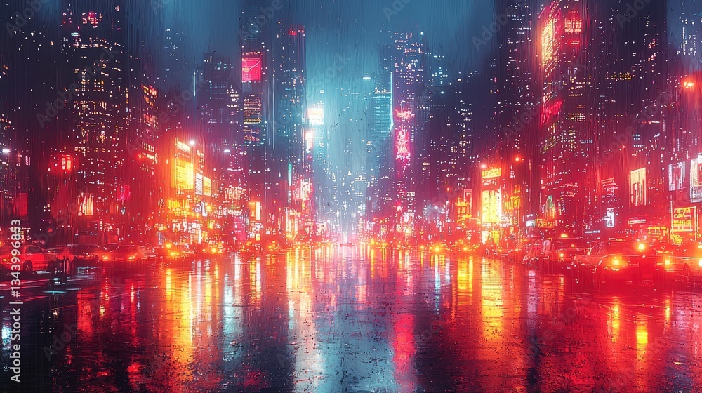 Vibrant cityscape at night with neon lights reflecting on wet streets Vibrant cityscape at night with neon lights reflecting on wet streets