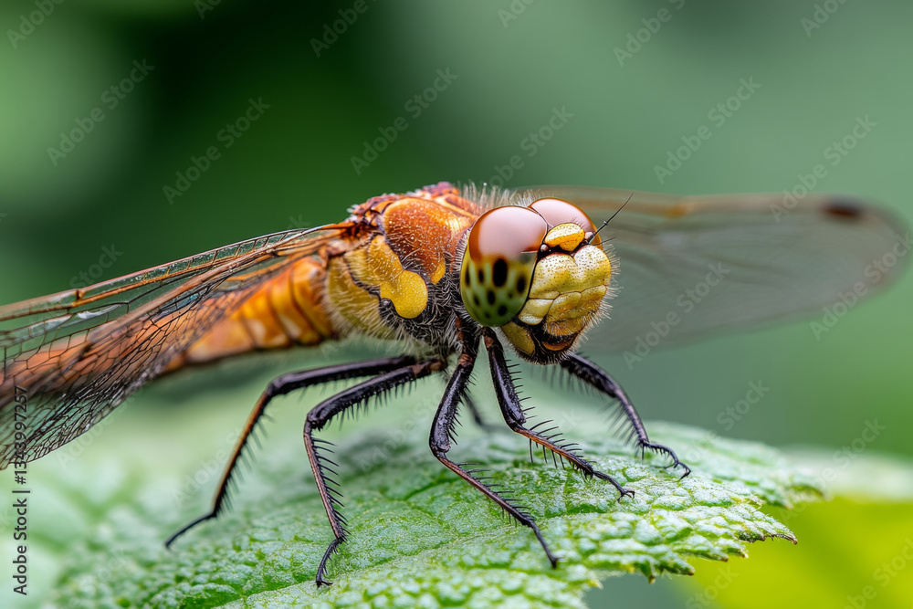 close up of dragonfly resting green leaf, showcasing its vibrant close up of dragonfly resting green leaf, showcasing its vibrant