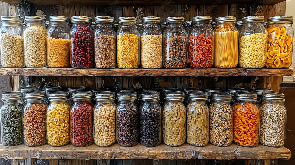 Rows of glass jars filled with different shapes of dried pasta and macaroni sit on wooden shelves. Rows of glass jars filled with different shapes of dried pasta and macaroni sit on wooden shelves.