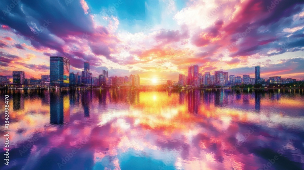 Vibrant Sunset Over City Skyline with Reflections on Water Surface Vibrant Sunset Over City Skyline with Reflections on Water Surface