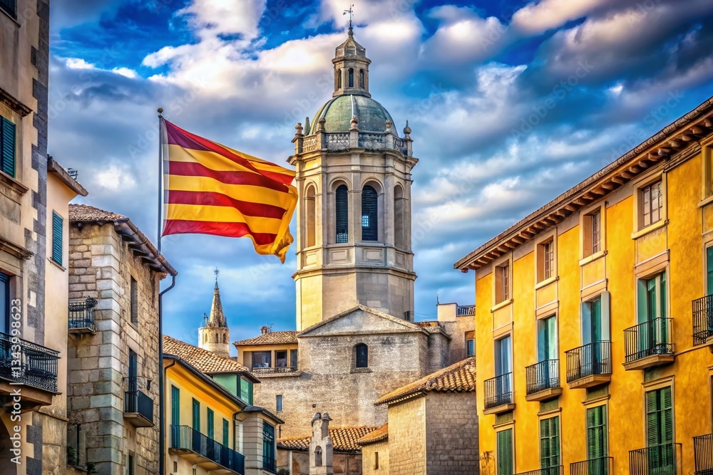 Naklejka premium Girona, Catalonia: Majestic Bell Tower of Saint Feliu Church with Catalan Flag & Historic Buildings