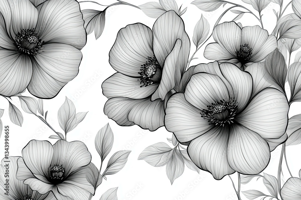 Black and white floral pattern featuring delicate flowers and leaves Black and white floral pattern featuring delicate flowers and leaves