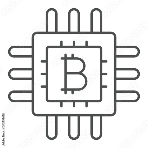 Bitcoin processor chip thin line icon, mining data concept. Vector graphics. Integrated circuit microchip with coin sign on white background, outline style icon for mobile or web design.