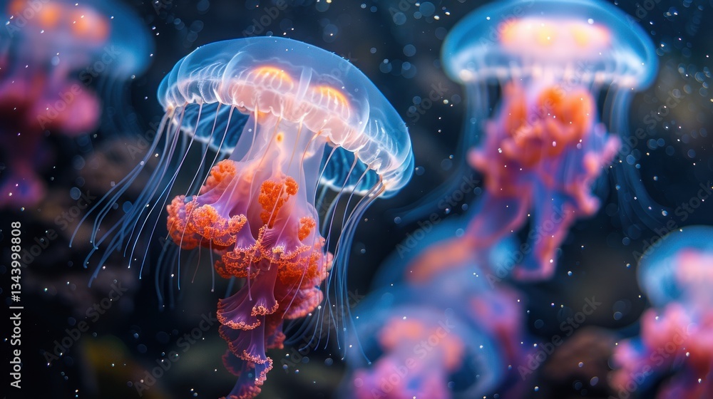 Naklejka premium A group of sea jellyfish are floating in the water with blue and purple glowing