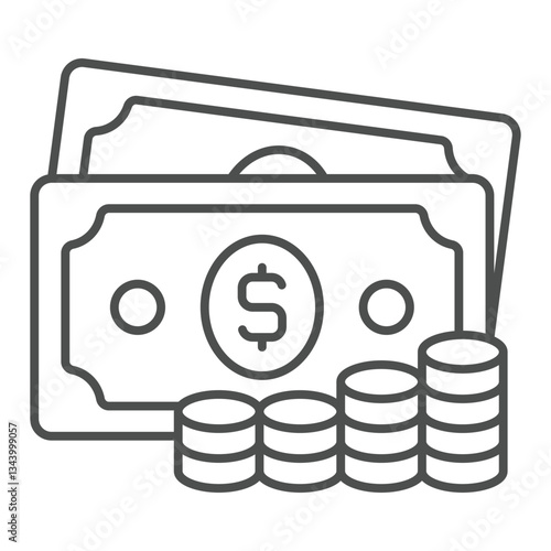 Dollar money with cent coins stack thin line icon, banking concept. Vector graphics. Paper bills with coin sign on white background, outline style icon for mobile or web design.