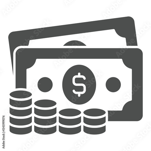 Dollar money with cent coins stack solid icon, banking concept. Vector graphics. Paper bills with coin sign on white background, glyph style icon for mobile or web design.