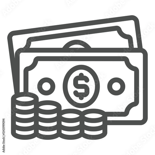 Dollar money with cent coins stack line icon, banking concept. Vector graphics. Paper bills with coin sign on white background, outline style icon for mobile or web design.