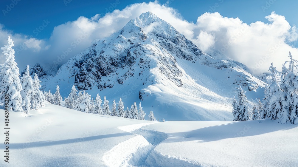 Majestic snow-covered mountain landscape with clear blue sky and serene path Majestic snow-covered mountain landscape with clear blue sky and serene path