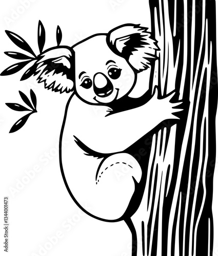 Monochrome illustration of a cute koala hugging a eucalyptus tree in black and white wildlife nature art design for greeting cards wall art prints and conservation themes