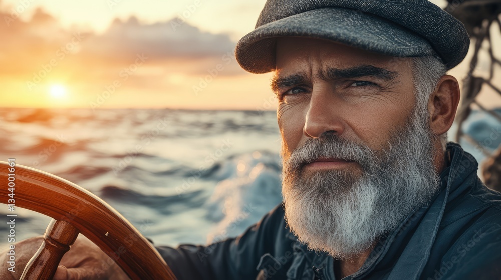 Experienced sailor navigating a boat at sunset, with waves crashing and a vibrant sky in the background Experienced sailor navigating a boat at sunset, with waves crashing and a vibrant sky in the background
