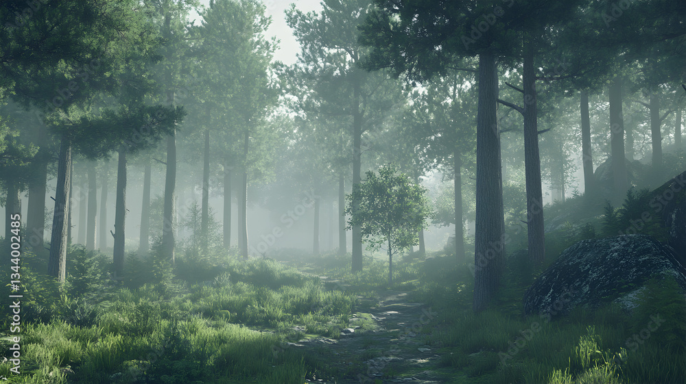 Obraz premium Sunbeams Filtering Through Misty Forest Canopy in Morning Light