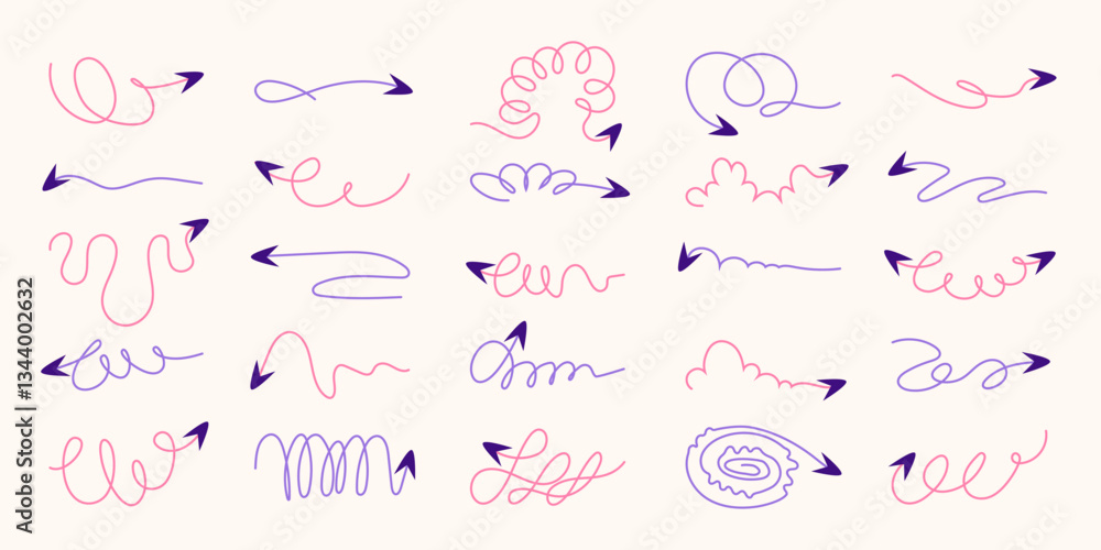 Colorful Freehand Pencil Squiggles and Coils, Wavy Doodle Arrows. Scribbled arrow icons for infographics. Freehand sketches of thin spring arrows with loops with abstract curved lines. Colorful Freehand Pencil Squiggles and Coils, Wavy Doodle Arrows. Scribbled arrow icons for infographics. Freehand sketches of thin spring arrows with loops with abstract curved lines.