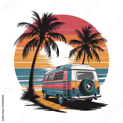 Retro van parked by tropical palm trees against a vibrant sunset background evoking adventure freedom summer road trips and vintage beach vibes.