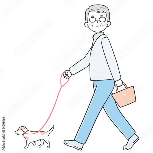 元気に犬の散歩をするシニア男性
