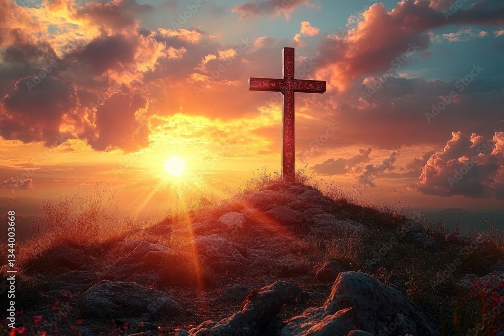 Obraz premium Cross on Rocky Hilltop at Sunset, Jesus Christ Crucifix Symbolizing Faith and Resurrection