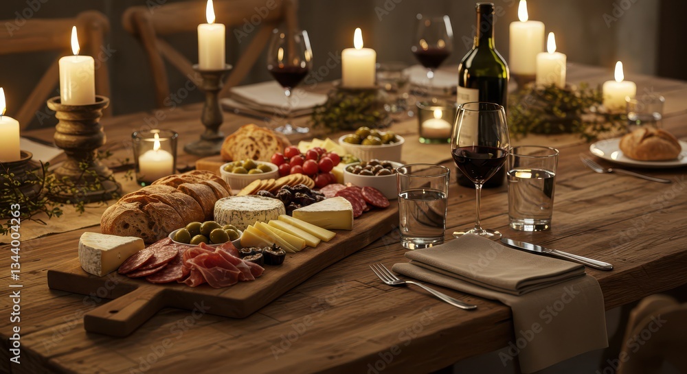 Naklejka premium Delicious Charcuterie Board with Wine and Candles on Rustic Table