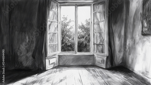 Window frame drawing black white sketch silhouette pencil art scene illustration line art perspective wallpaper background
