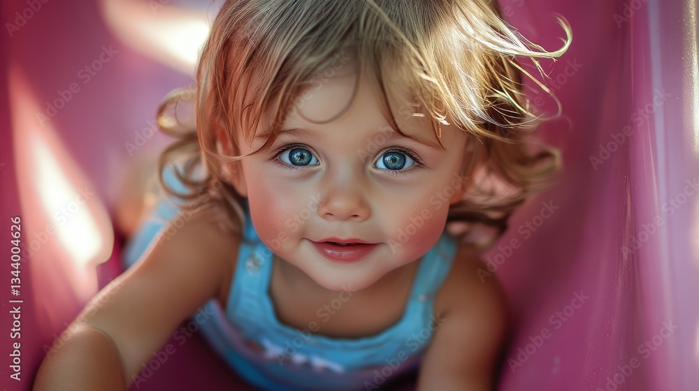 A joyful child with bright blue eyes smiles while playing inside a colorful playground slide on a sunny day A joyful child with bright blue eyes smiles while playing inside a colorful playground slide on a sunny day
